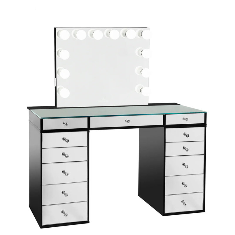 Adryell 2.0 Mirrored Tabletop with Hollywood Glow Lite Plus Mirror And 5 Drawer Units Bundle