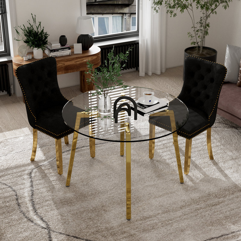 Ensemble de table de salle à manger ronde en verre, Noir, noir, noir, noir, Doré, 3