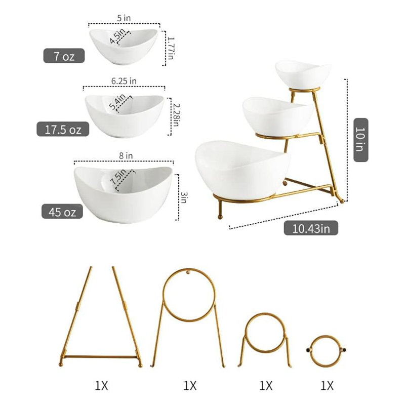 3 Tier Serving Stand Oval Serving Bowl With Metal Rack, Tied Serving Tray Food Display Dessert Appetizer, Serving Bowl Fruit Chip Dip Bowl Set For Parties, Gold