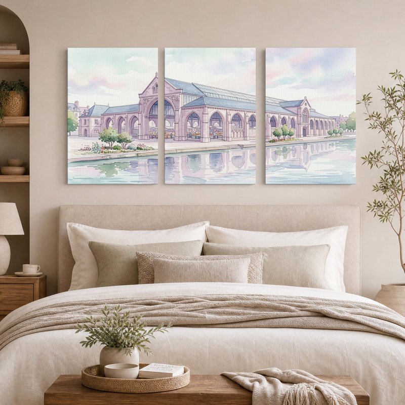 Ensemble de 3 toiles murales représentant un marché couvert avec des reflets sur le front de mer, 24"H x 16"W x 3pcs