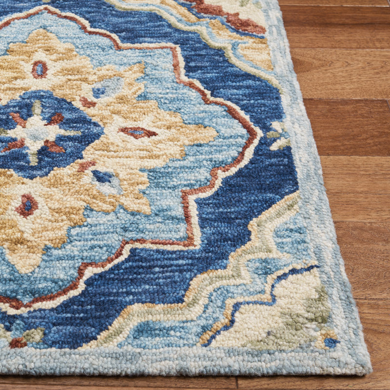Deacon Damask Hand Tufted Wool Navy Area Rug, Rectangle 3' x 5'