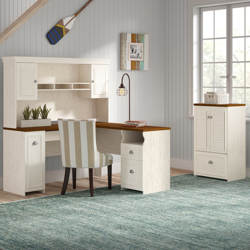 Huckins 4 Piece Computer Desk Office Set, Antique White/Tea Maple