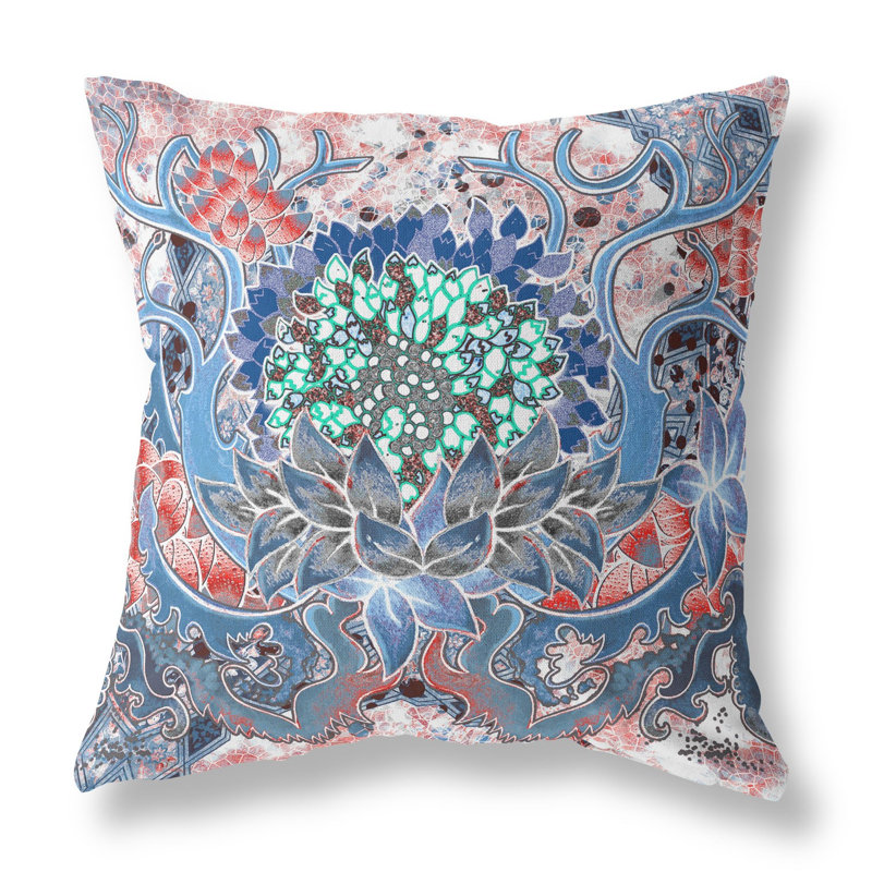 Coussin en suède à fermeture à glissière, Bleu ciel / floral rose, H 16 po x l 16 po
