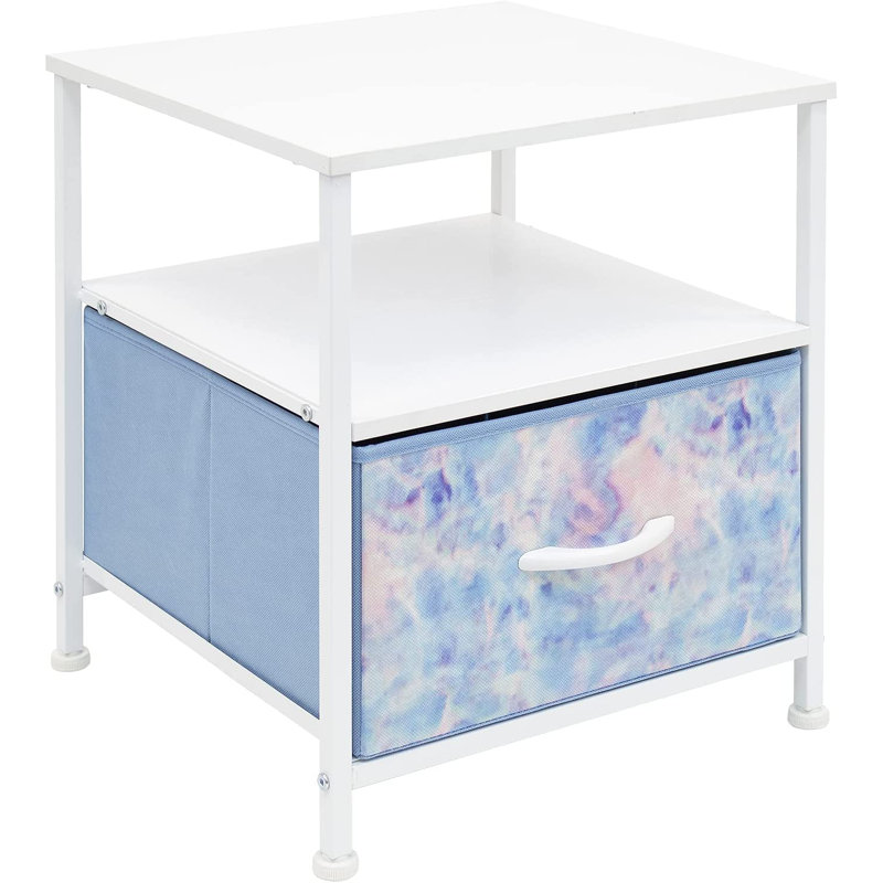 Sorbus 1 Drawer and Shelves Nightstand with Steel Frame, Wood Top & Fabric Bins in Tie Dye, White - Blue