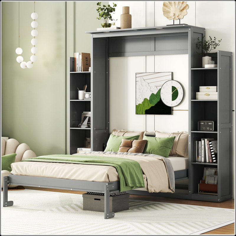 Lit escamotable mural Murphy avec tablettes et lumières DEL pour une vie compacte et multifonctionnelle, Lit double, Gris