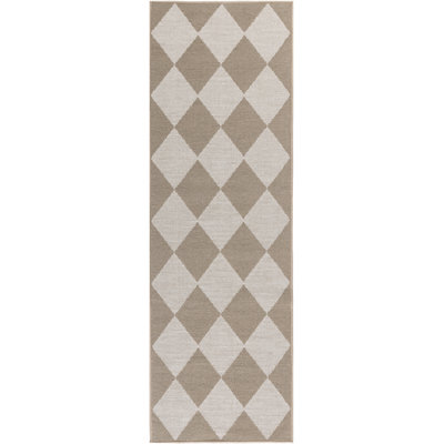 8' Natural And Ivory Geometric Power Loom Washable Non Skid Runner Rug