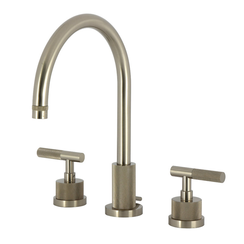 Kingston Brass Convergent Two-Handle 3-Hole Deck Mount Widespread Bathroom Faucet With Knurled Handle And Brass Pop-Up