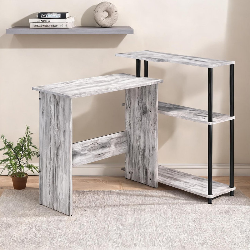 Bureau d'écriture blanc antique avec tablette latérale, structure en métal noir, surface de travail rectangulaire de 39 pouces