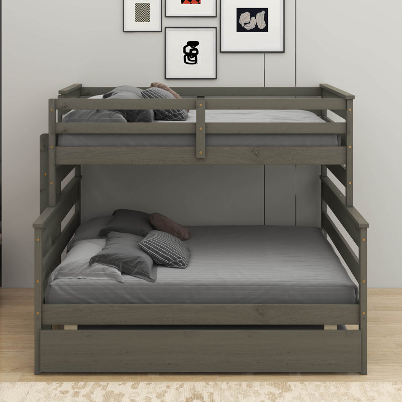 Wood Twin Over Full Bunk Bed With Trundle, Gray