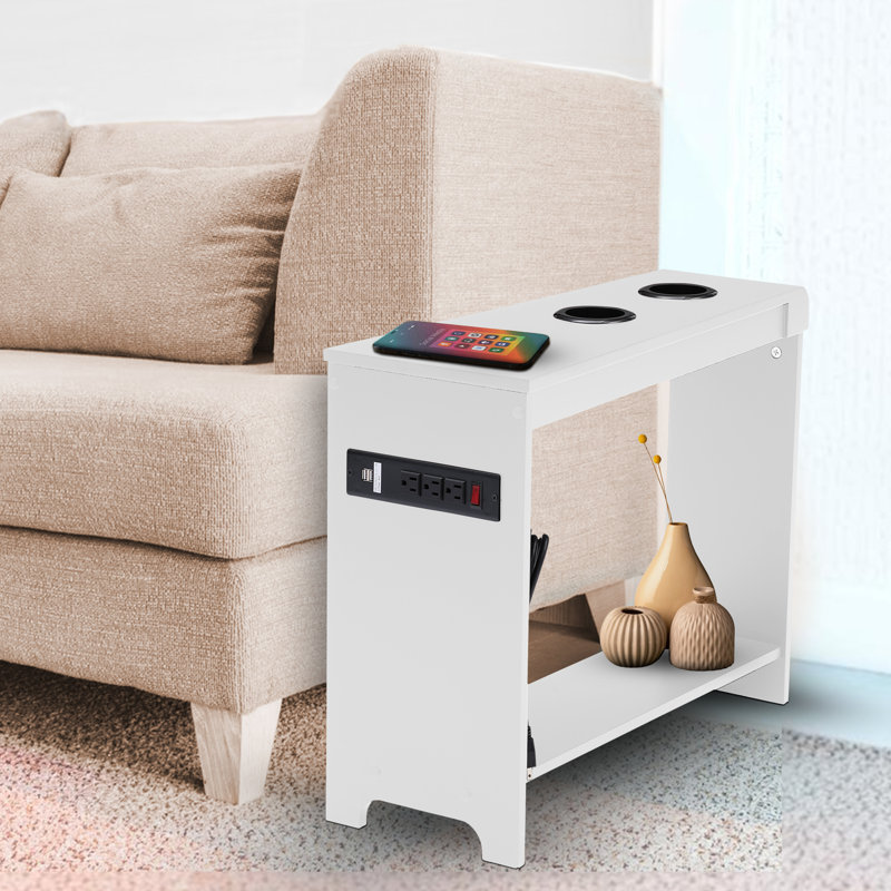 Table de fauteuil avec station de charge, ports et prises USB, table de chevet étroite, table de bout, Blanc