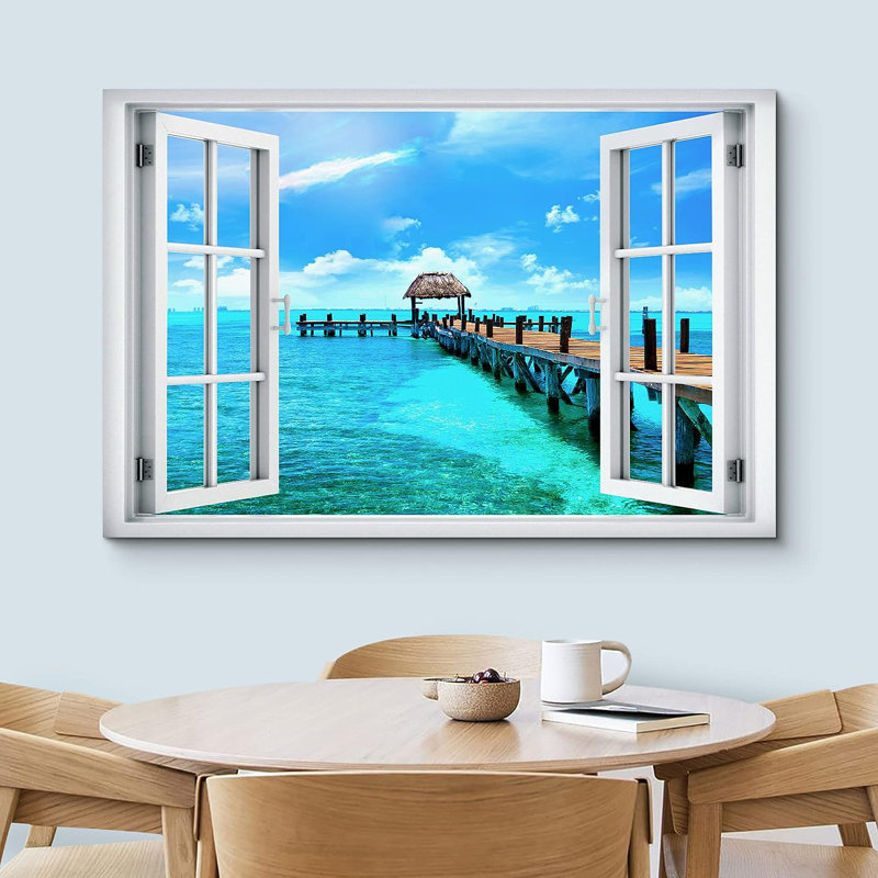 «Window View Tropical Island Beach Pier Hawaii Tahiti Wilderness Nature», reproduction sur toile