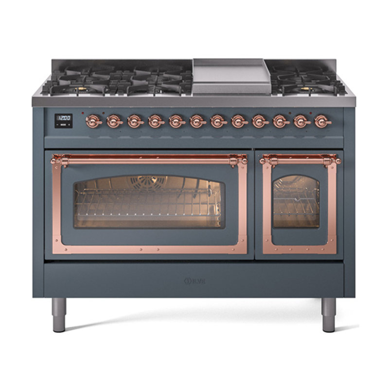 ILVE Nostalgie II Series Noblesse 48 inch Dual Fuel Range with 8 Sealed Burners, Griddle (Glass Door), Copper, Blue Gray