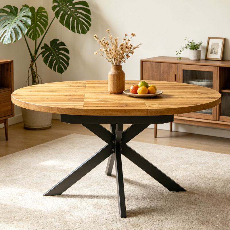 43"-59" Extendable Round Dining Table for 4-6, Mid Century Modern Wooden Kitchen Table with Removable Leaves Space Saving