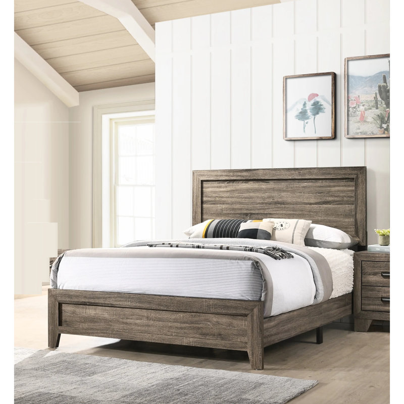 Lit en bois Dhar, cadre de lit avec tête de lit, cadre de lit plateforme, sommier nécessaire, Très grand, Gris