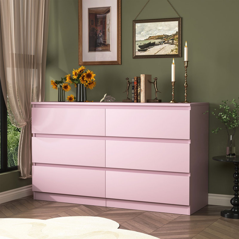 Bisset 47.25'' W 6 - Drawer Dresser, Pink