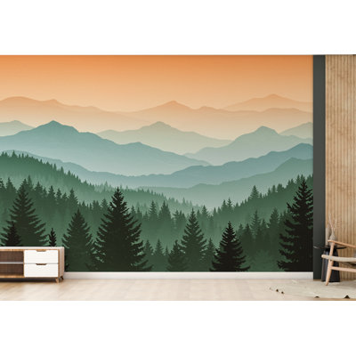 Papier peint montagne, papier peint aquarelle de montagne, art mural montagne, papier peint pin, nature, peinture murale bleue 702RS (Peel-N-Stick) RS702