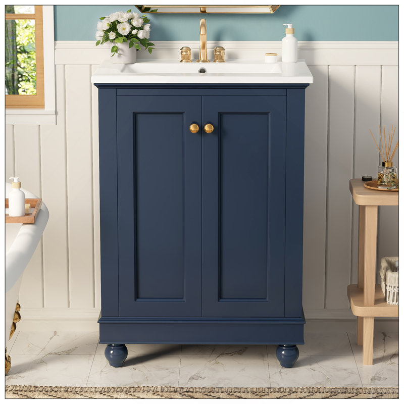 Meuble-lavabo moderne de 24 po de conception simple et élégante avec rangement à fermeture en douceur, tablette réglable, meuble-lavabo avec lavabo en céramique