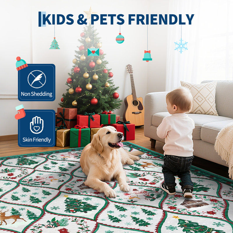 Tapis de Noël lavable des fêtes 5 x 7 avec envers antidérapant en TPR, tapis de Noël décoratif, revêtement de sol mince et doux, tapis imprimés pliables sans perte pour le salon, beige