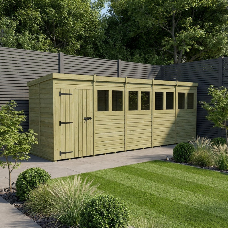 Total Sheds 20ft x 5ft Pent Garden Shed - Single Door - With Windows - Pressure Treated Timber - UK Manufactured