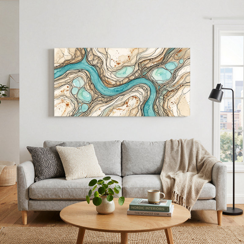 Turquoise, rivière qui coule à travers un paysage de toile beige et brun 47 x 24 x 1,5 po