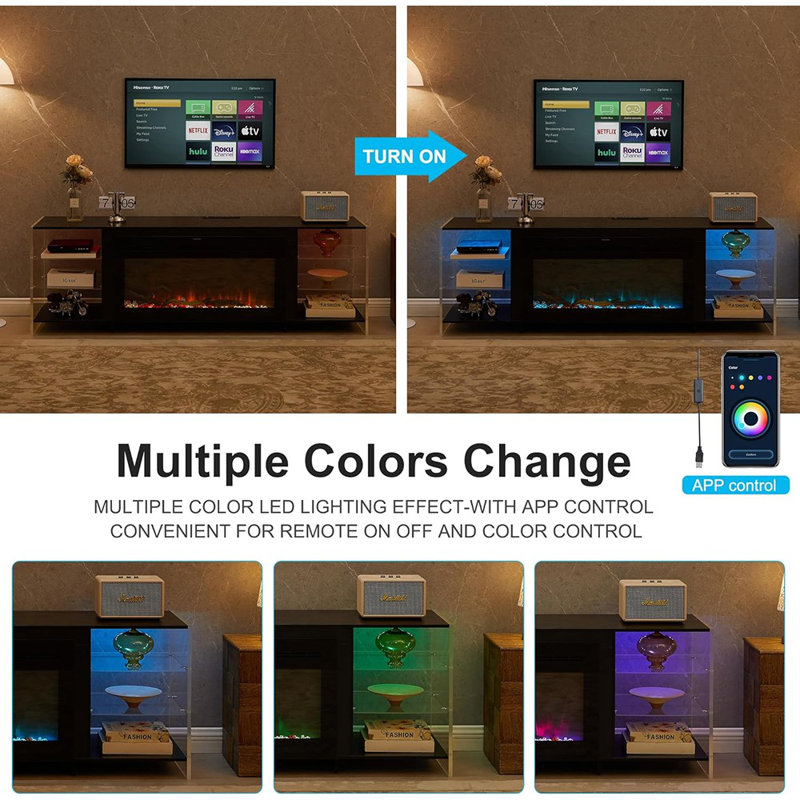 Meuble télé de cheminée avec flamme 3D, lumières DEL et tablettes de rangement à 3 niveaux, noir - Meuble télé de cheminée / moderne