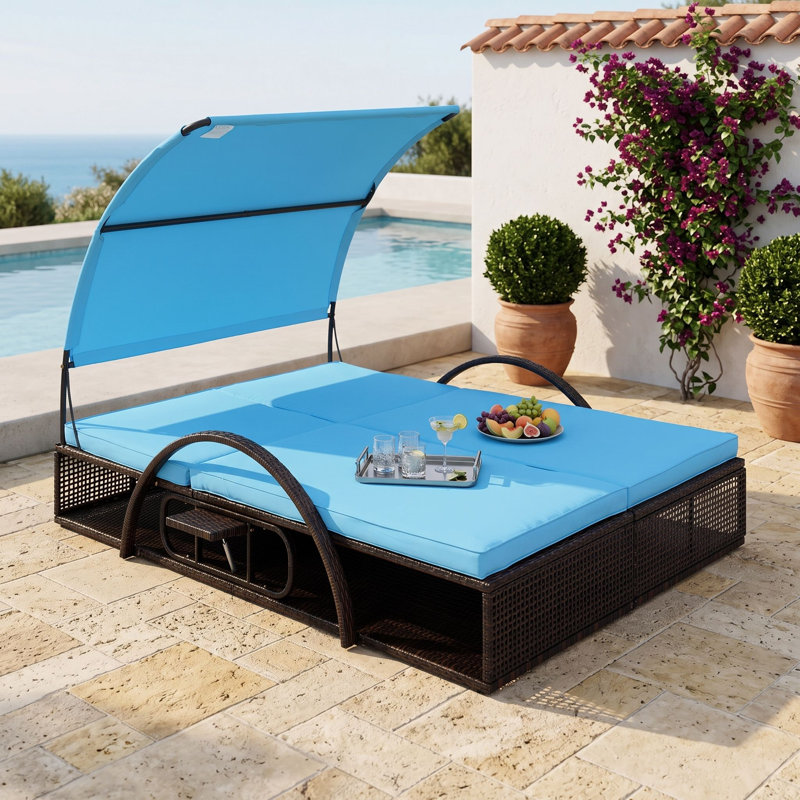 Double méridienne en osier HDPE avec auvent courbé, dossier réglable à 5 positions, tables d'appoint escamotables, Blue