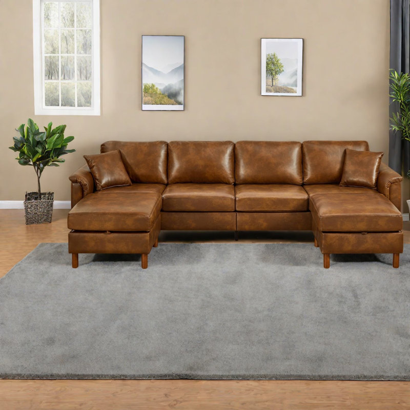 Sectionals with Storage, 120 Inch PU Leather Rustic Sofa for Family Home, Brown