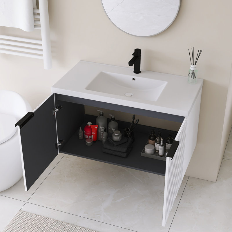 Meuble-lavabo mural simple 36 po avec plateau en résine intégré blanc, Blanc