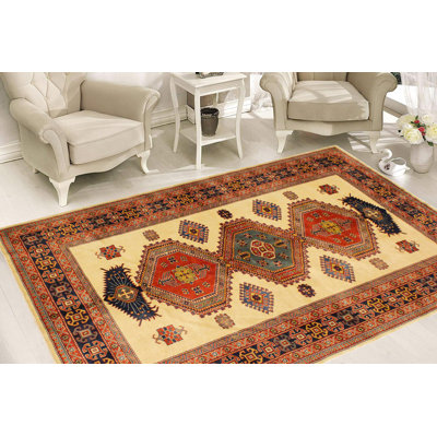 Tapis géométrique bleu en laine noué à la main à motif géométrique 5 pi 3 po x 7 pi 3 po Aala