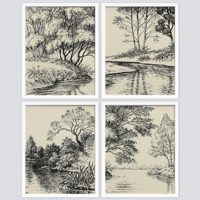 Duotone Storybook Forest Tree Landscape, impression encadrée sur papier, 4 pièces, Blanc, H 14 po x l 11 po