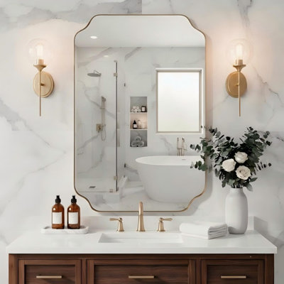 Rectangular Bathroom Vanity Mirror with Scalloped Corners – Stainless Steel Frame