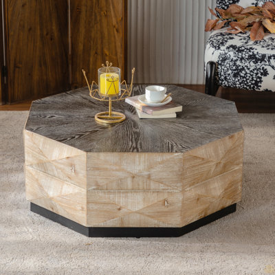 Table basse Octagon, table centrale en bois 38 po avec motif en relief tridimensionnel
