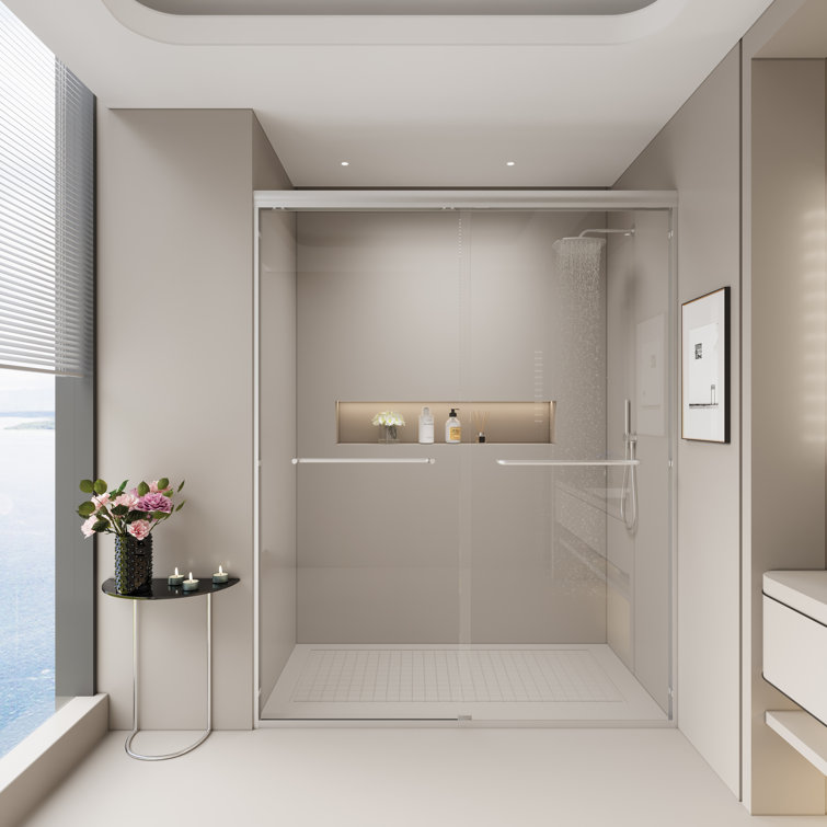 44"-48" W x 72" H Double Sliding Shower Door Semi-Frameless Bypass Sliding Door with SGCC Tempered Glass Explosion-Proof Film, 2 Towel Bars for Walk-in Bathroom