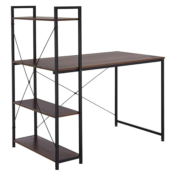 Computer Desk With 4 Tier Shelves - 47.6'' Multi Level Writing Study Table With Bookshelves Modern Steel Frame Wood Desk Compact Home Office Workstation (Natural Brown)