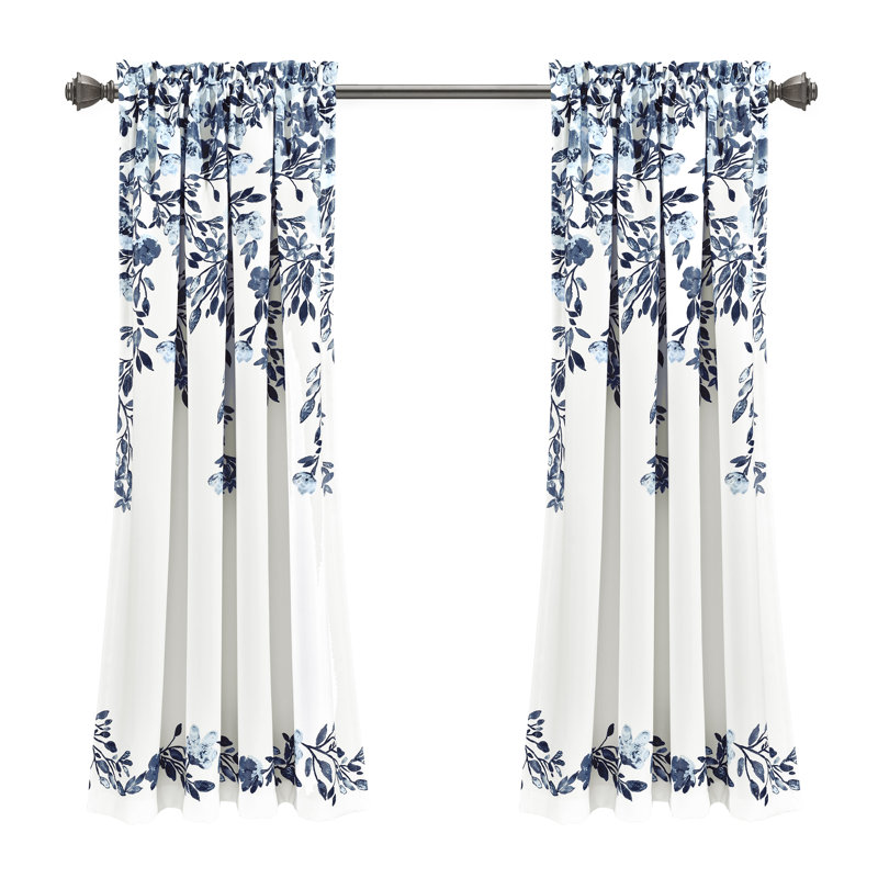 Navy and White Floral Print Blackout Curtain Panels