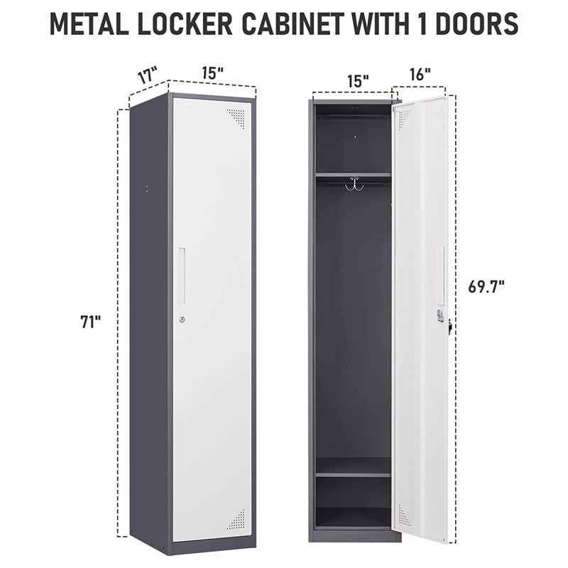 1-Tier  15" Wide Locker, Office Furniture for School, Gym or Employees, Gray/White