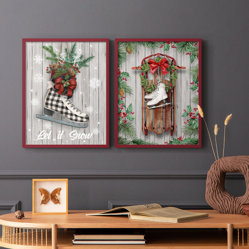 Patins de Noël - reproduction encadrée de qualité supérieure - prêt à être accroché - aucun clou requis - aucun clou requis