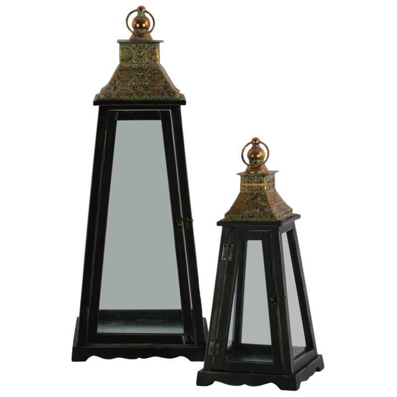 Ensemble de lanternes en bois pyramidales 2 pièces, Noir enduit