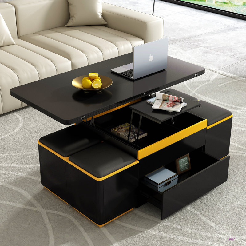 Table basse à plateau relevable avec 4 tabourets de rangement, table basse moderne avec plateau pliable, table basse réglable multifonctionnelle pour le salon
