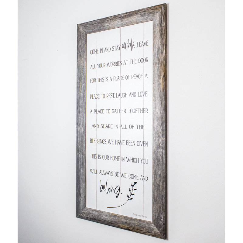 «Come In and Stay A Time» - Reproduction d'art textuel avec cadre photo, L 20 po x H 40 po x P 0,5 po