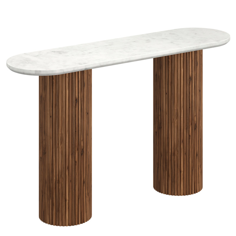 Console Mid-Century moderne en bois massif et marbre, Blanc / bois moyen