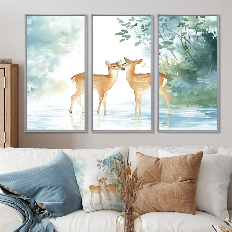 Ensemble de salon Deer By The River II - Deer Wall Art, 28" H x 36" W, Reproduction avec cadre flottant, Silver