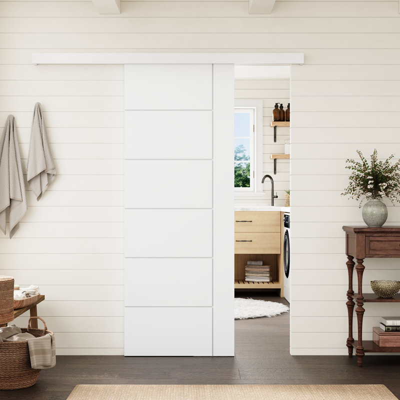 Porte intérieure standard à panneaux plats 6 panneaux 28 po x 80 po, style moderne, en bois massif apprêté blanc, avec ensemble de quincaillerie à rail caché
