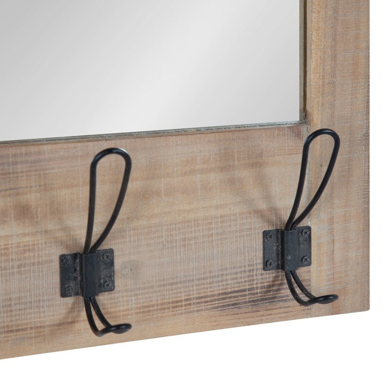 Enora Flat Mirror with Hooks, Rustic Brown