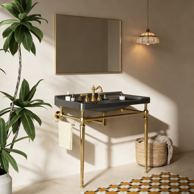 Lavabo de salle de bain 36 po, meuble-lavabo mural en céramique noire avec 3 trous pré-percés, pieds de support autoportants en acier inoxydable avec barre à serviettes, sans robinet, couleur or