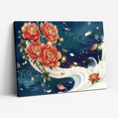 Floral Peony And Wave Pattern Canvas Wrapped Wall Art Oil Painting Print Set Of 1