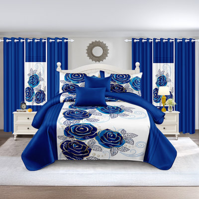 9-Piece Royal Blue Rose California King Quilted Bedspread Set with Matching Light-Filtering Curtains