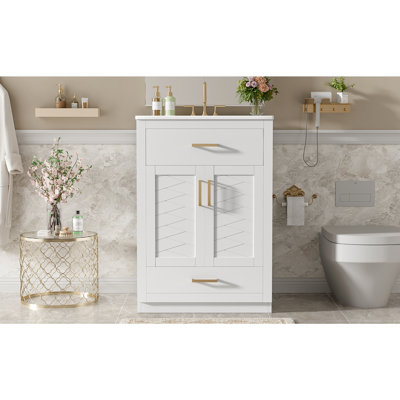 24" Bathroom Vanity with Integrated Ceramic Sink, Bathroom Cabinet with 2 Doors, 1 Tip-out Drawer, Single Sink Bathroom Vanity for Small and Medium Restroom