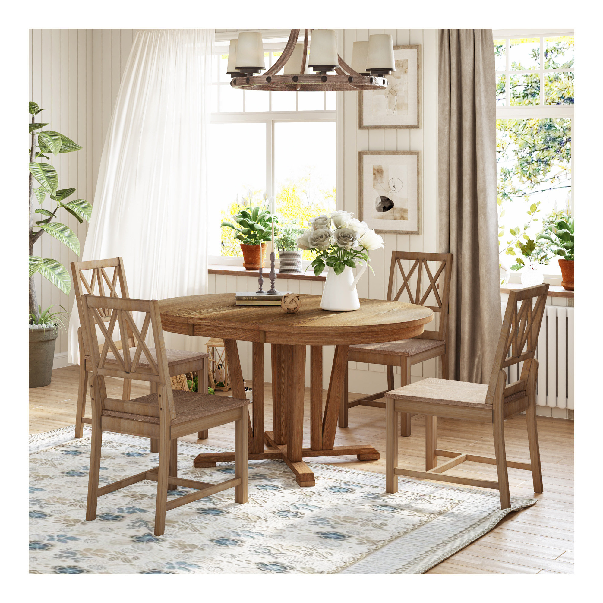 Ophelia & Co. Rustic 5-Piece Extendable Dining Table Set Round Trestle ...
