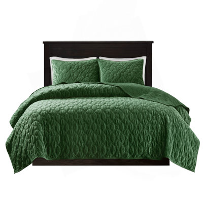3 Piece Velvet Quilt Set Green